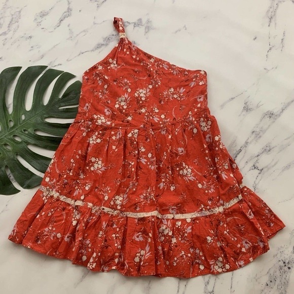 Free People All Mine Mini Dress Size M Red Orange Floral One Shoulder Linen - Picture 1 of 10
